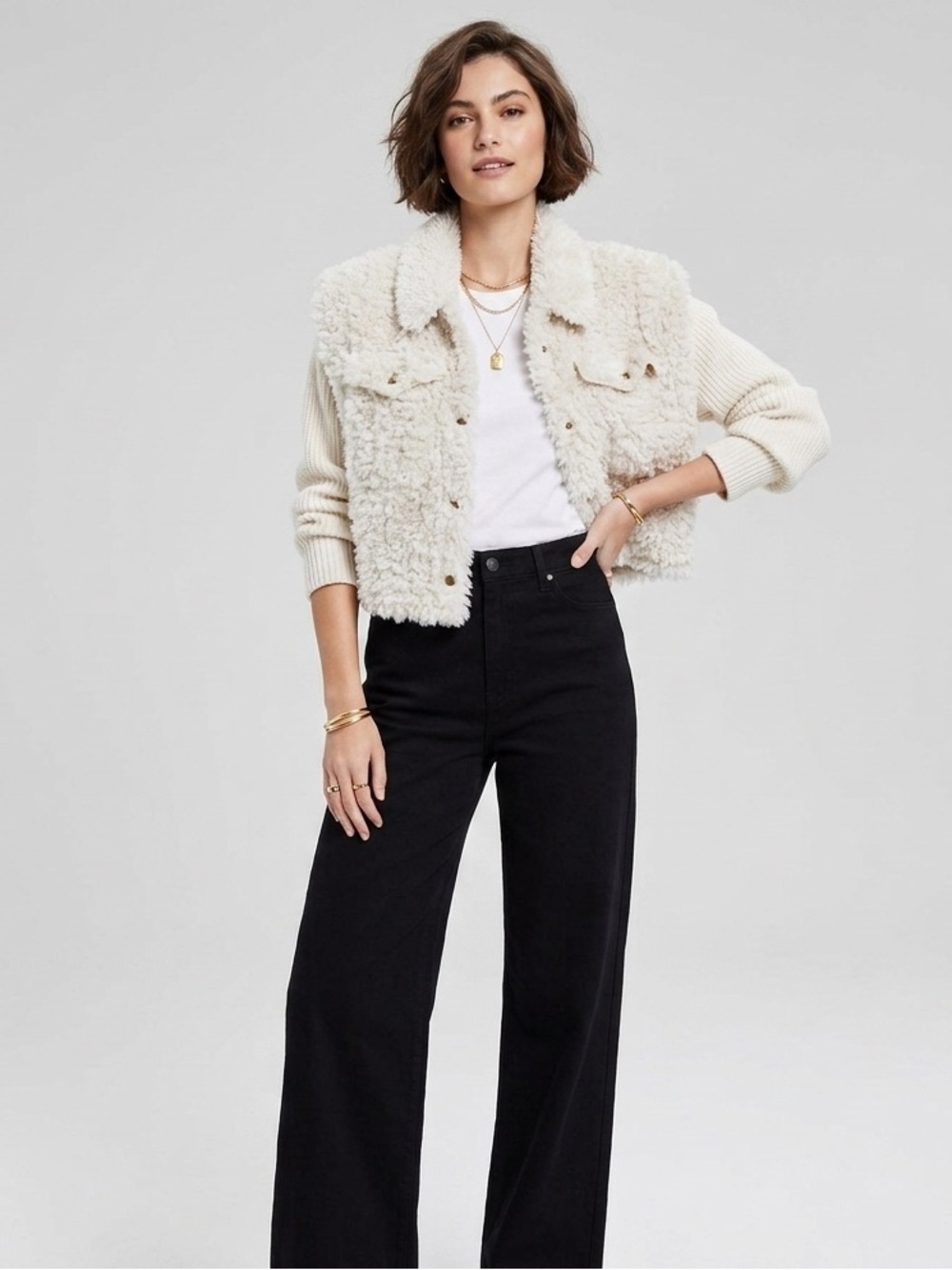 And Now This Cream Faux Fur Knit Sleeve Cropped Jacket Off White Palomina Sz XS